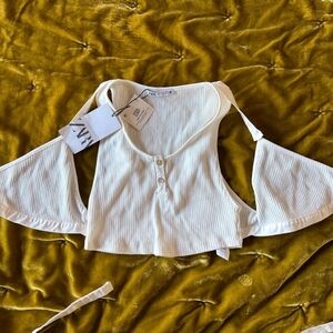 ZARA White Ribbed Cold-Shoulder Crop Top